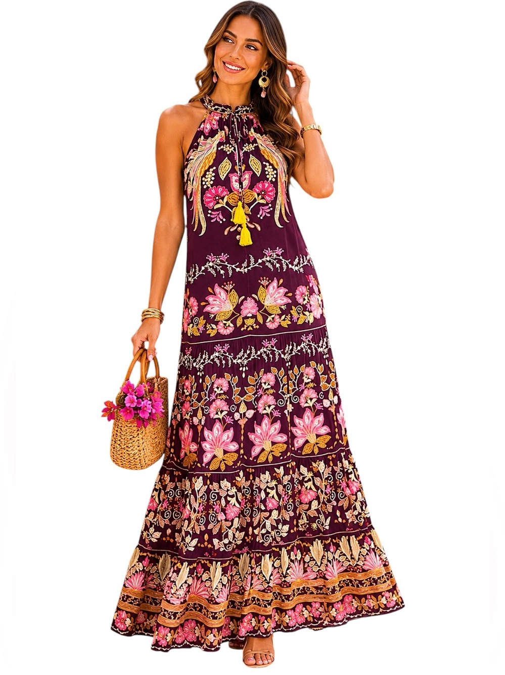 Farm Rio Burgundy Bella Drop Waist Maxi Dress Tassels Flowing Ruffles Sz M